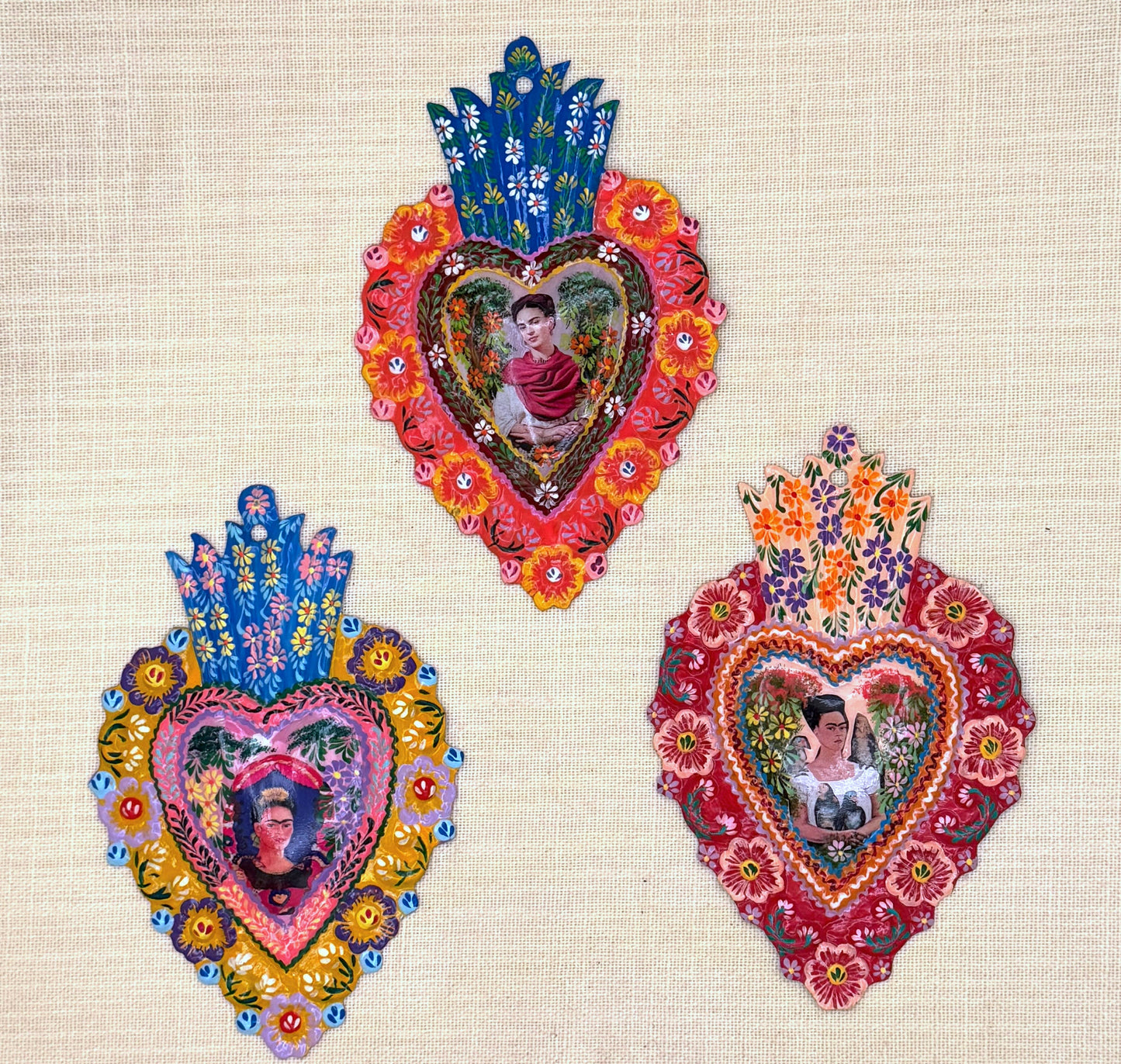 Small Frida Painted Milagro Heart – Handcrafted in Peru