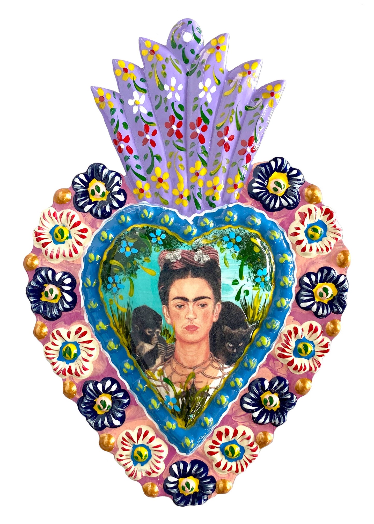 Small Frida Painted Milagro Heart – Handcrafted in Peru