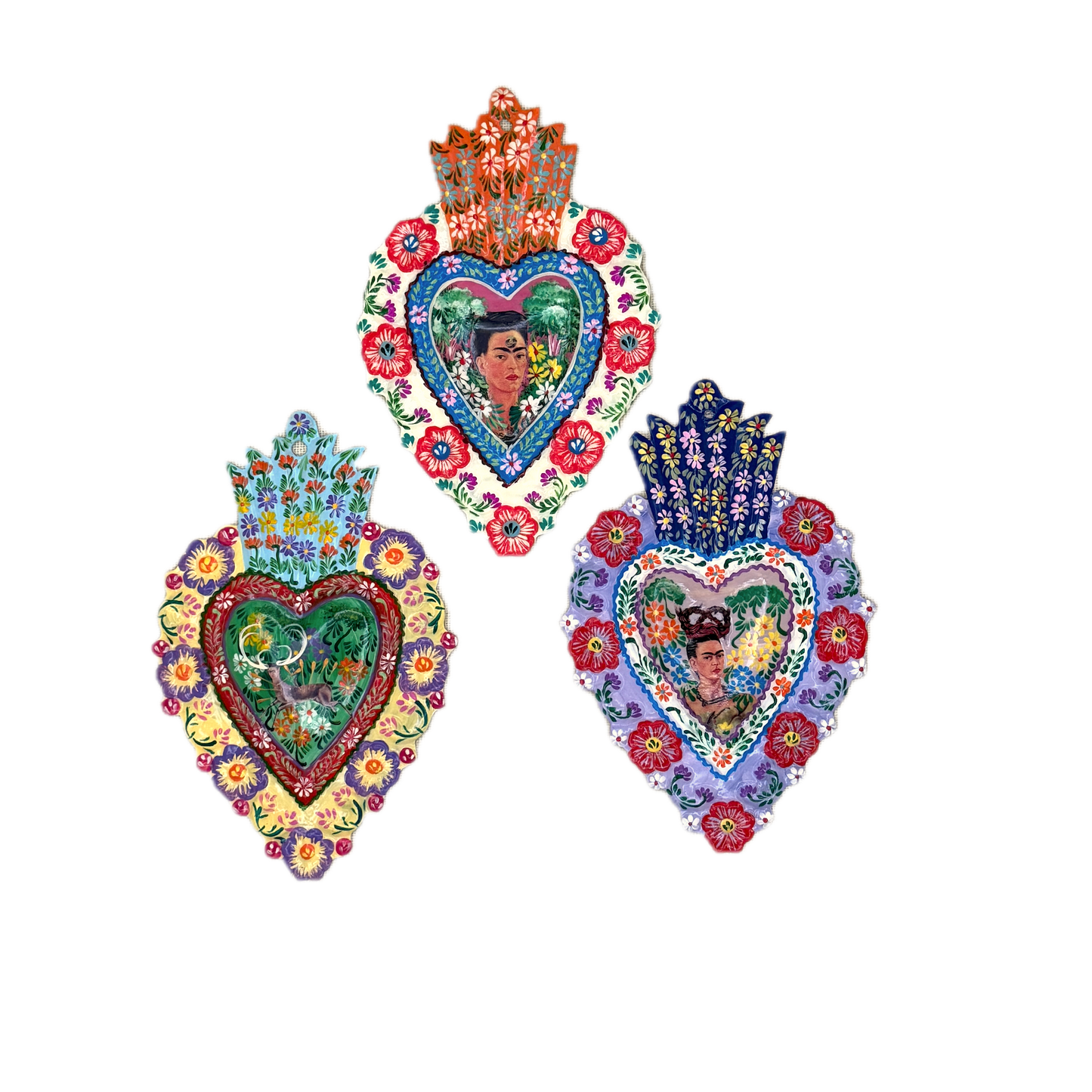 Small Frida Painted Milagro Heart – Handcrafted in Peru